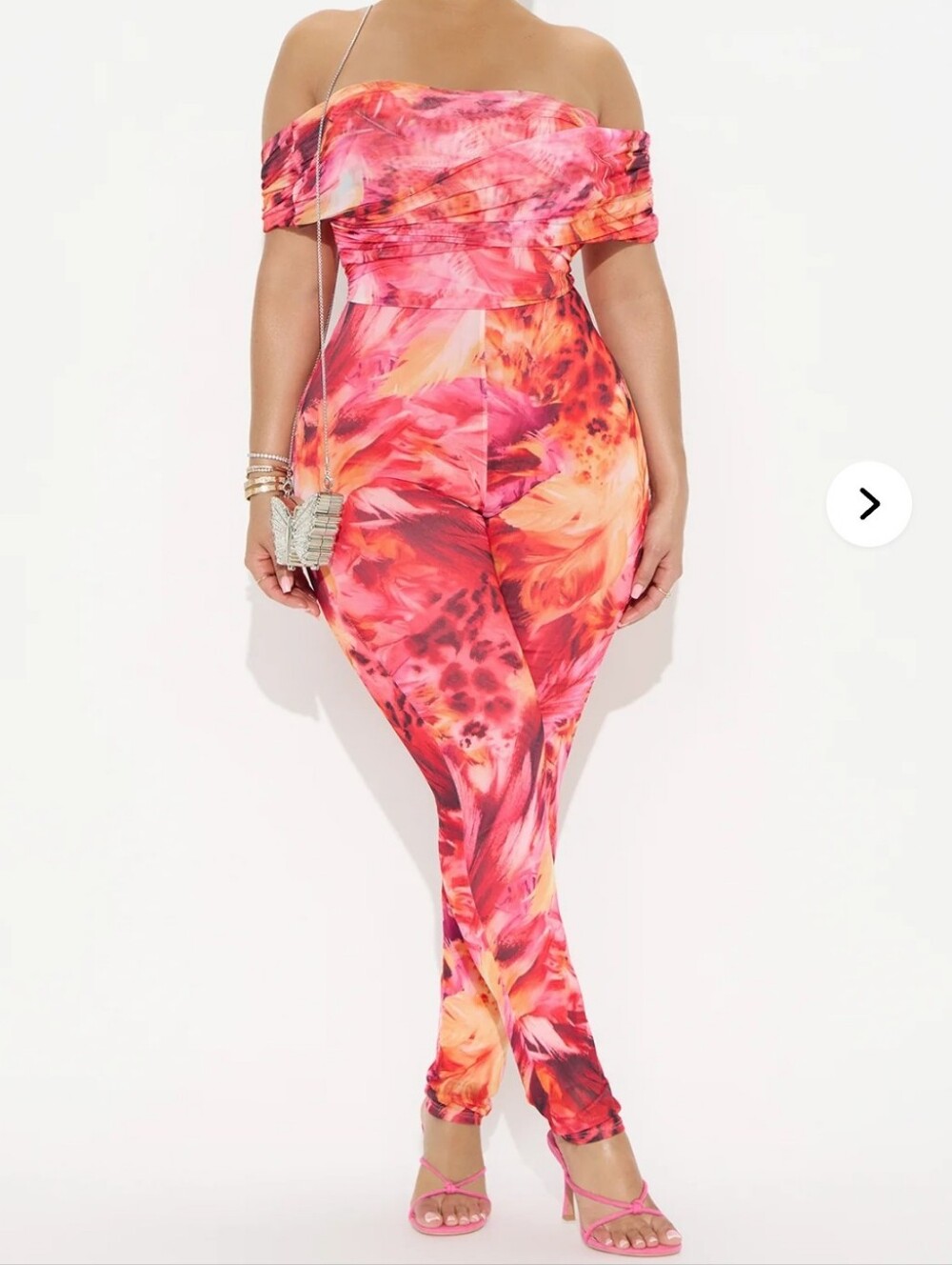 Fashion Nova Floral Off-Shoulder Skinny Jumpsuit - Pink & Orange